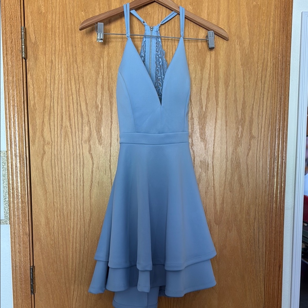 Emerald Sundae Light Blue High-Low Halter Dress with Lace Back